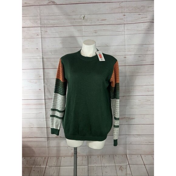 Koitmy Women's Green Contrast Sleeve Knitted Pullover Sweater Size Medium New - Picture 2 of 8